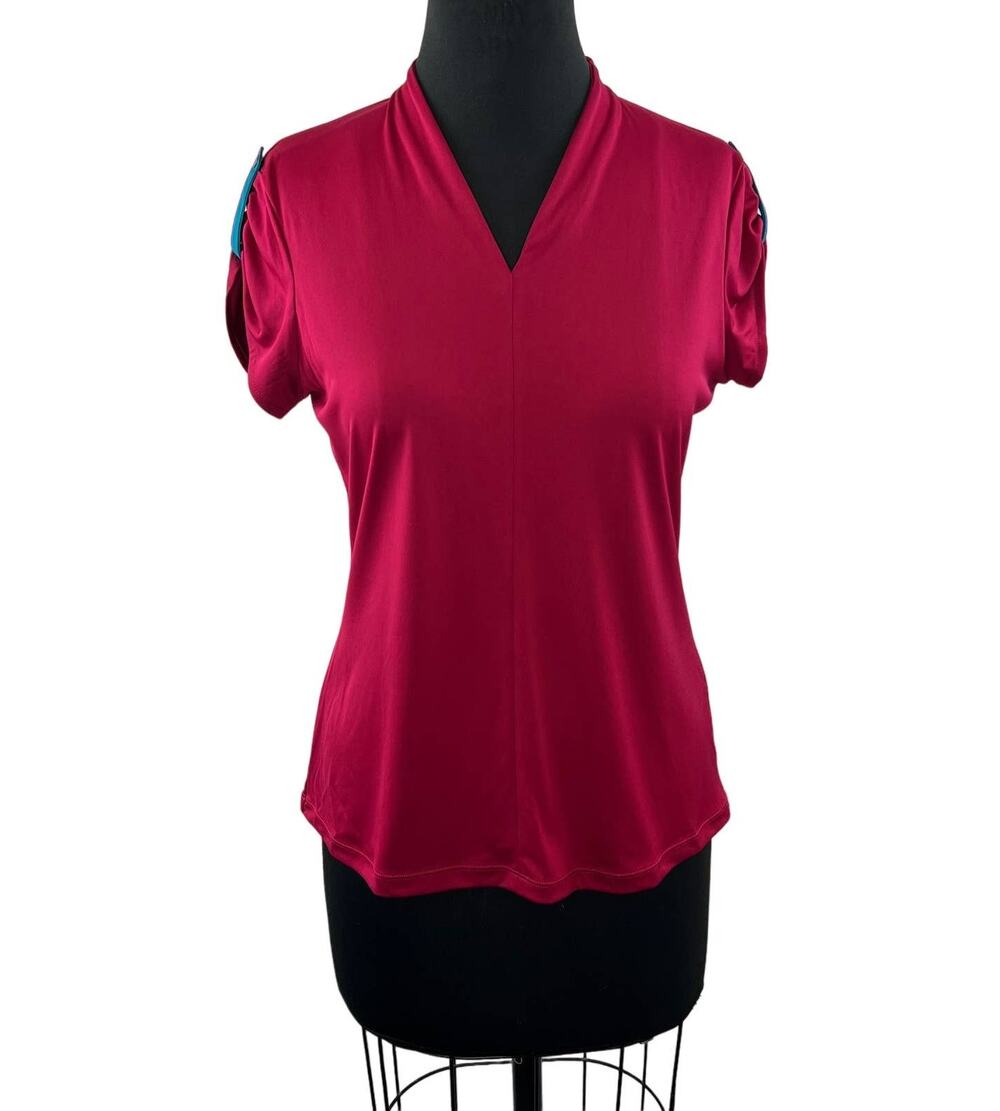 Greg Norman Play Dry Dark Pink V-Neck Short Sleeve Shirt Button Shoulder M